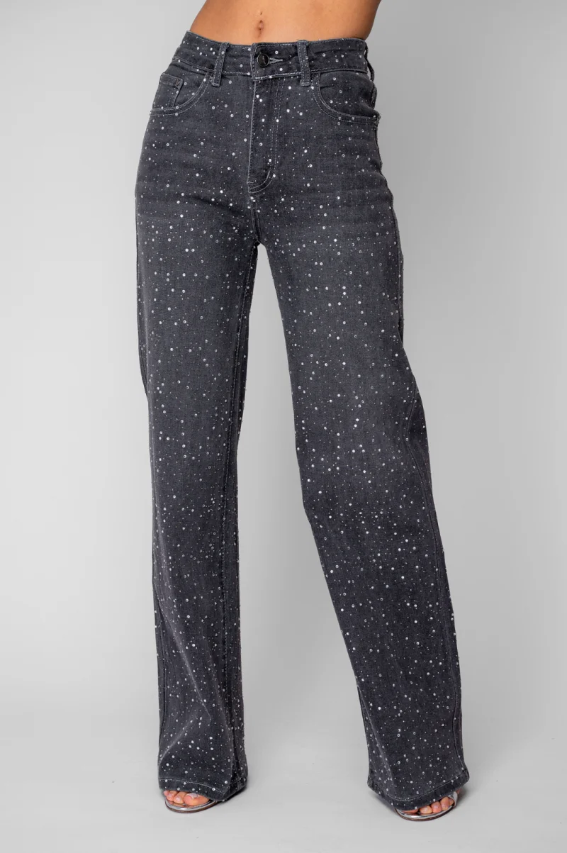 Blugi elastici largi cu strasuri Black