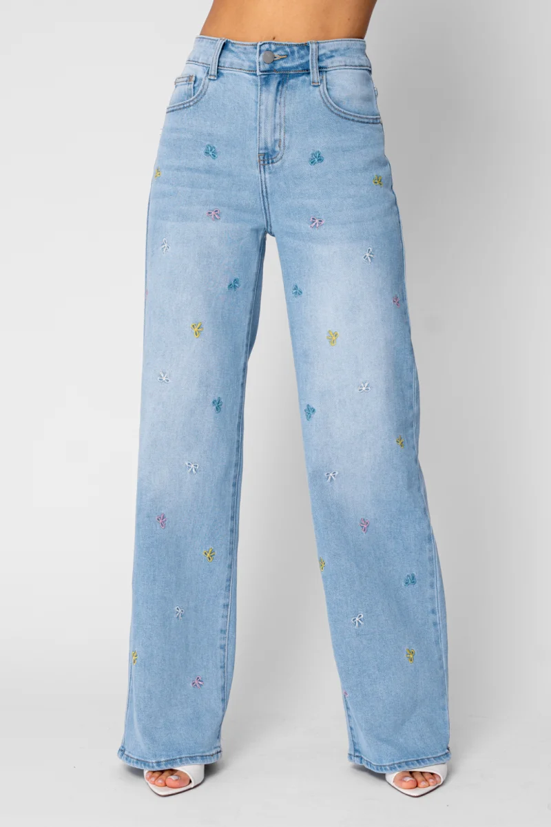 Blugi lungi elastici cu broderie fundite Light Blue