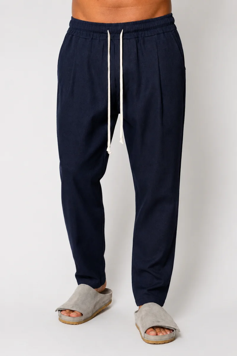 Pantaloni lung din IN cu snur usor conic Navy