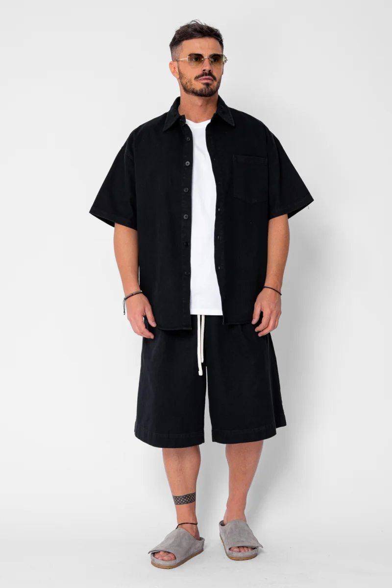 Set camasa si pantalon scurt din denim Oversized Black