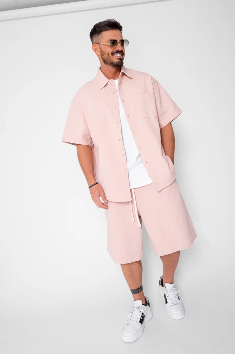 Set camasa si pantalon scurt din denim Oversized Light Pink