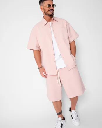 Set camasa si pantalon scurt din denim Oversized Light Pink
