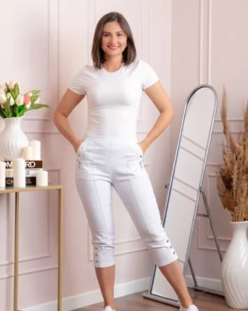 Pantaloni dama 3 4 Jenny albi cu talie elastica si fermoare decorative
