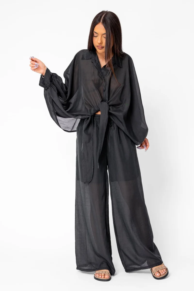 Set Summer Shells camasa si Pantalon lung din mix matase Black