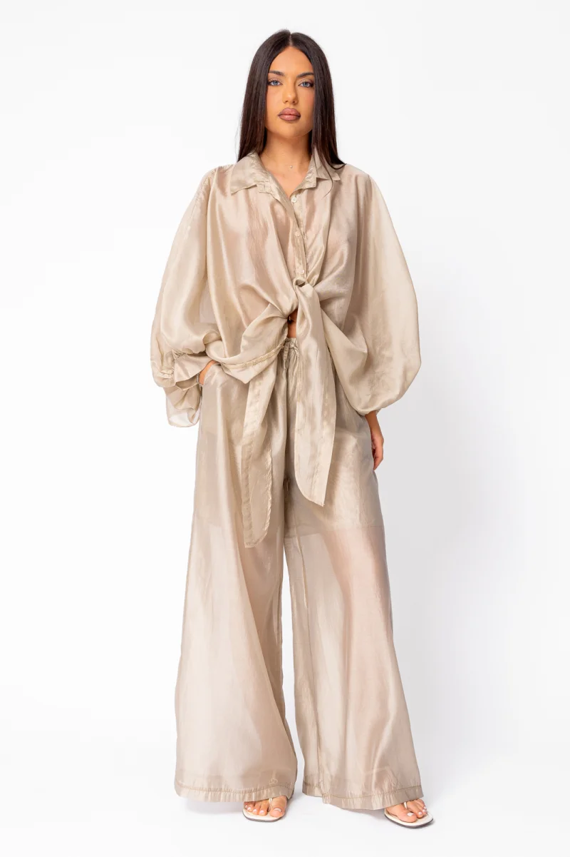 Set Summer Shells camasa si Pantalon lung din mix matase Beige
