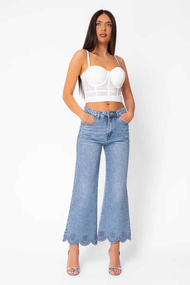 Blugi elastici cu broderie florala si strasuri Blue