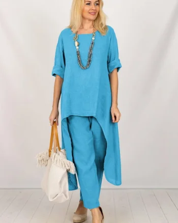 Compleu din in cu bluza tunica mai lunga in spate si pantaloni, albastru azur