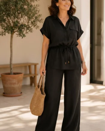 Compleu din vascoza cu pantaloni palazzo si bluza cu cordon, negru