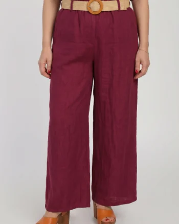 Pantaloni de vara din in, croi palazzo, cu curea in talie, bordo