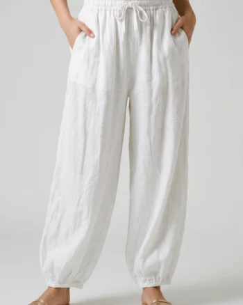 Pantaloni de vara, din in, croi balon, cu elastic la glezna, siret in talie, albi