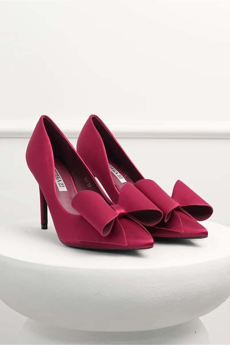 Pantofi bordo din material satinat cu funda maxi pe varf