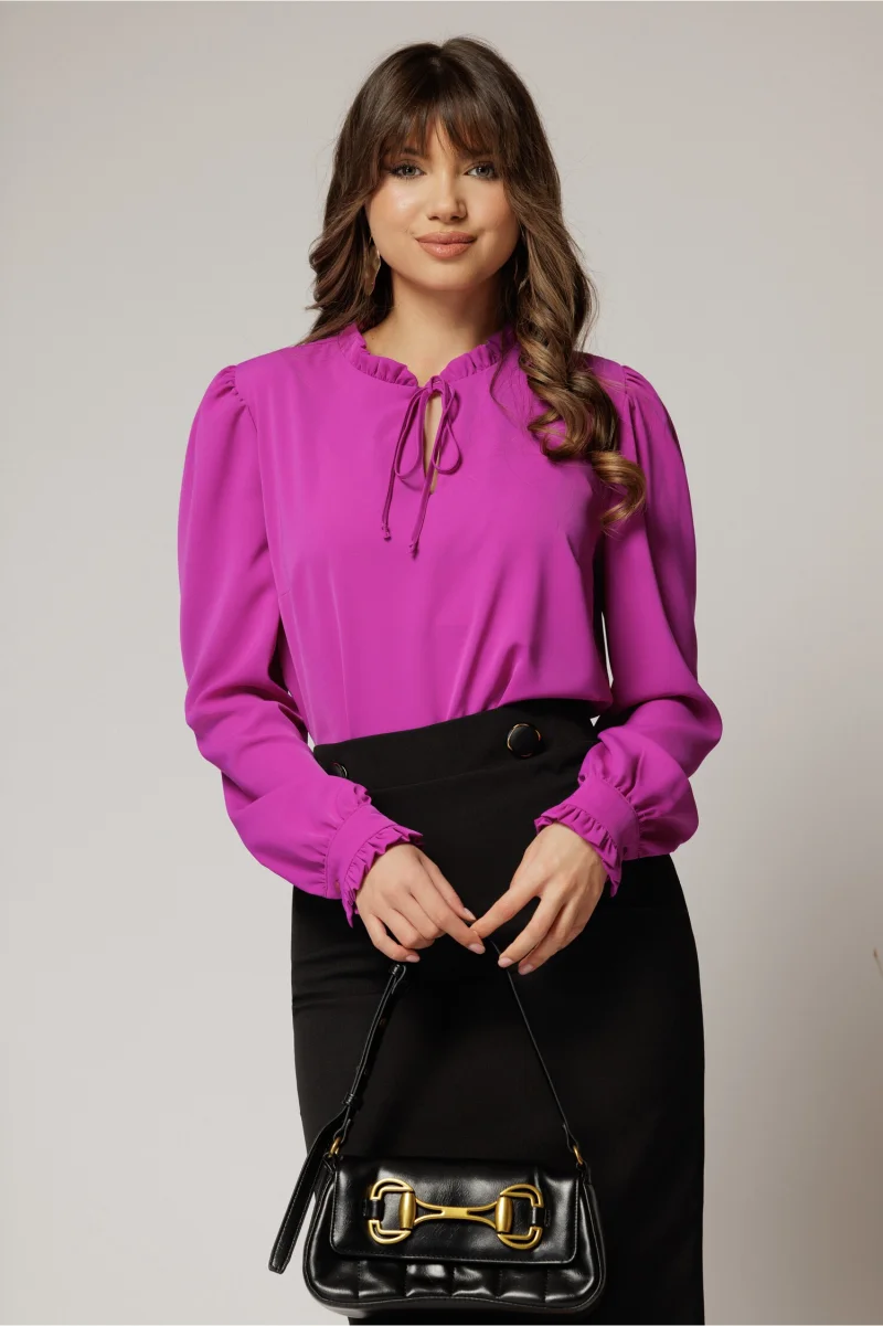 Camasa DY Fashion magenta din voal cu guler incretit