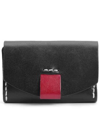 Port card dama, Anara PT1250, piele naturala, Negru/Rosu