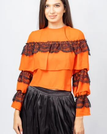 Bluza portocalie, eleganta cu volane si dantela neagra