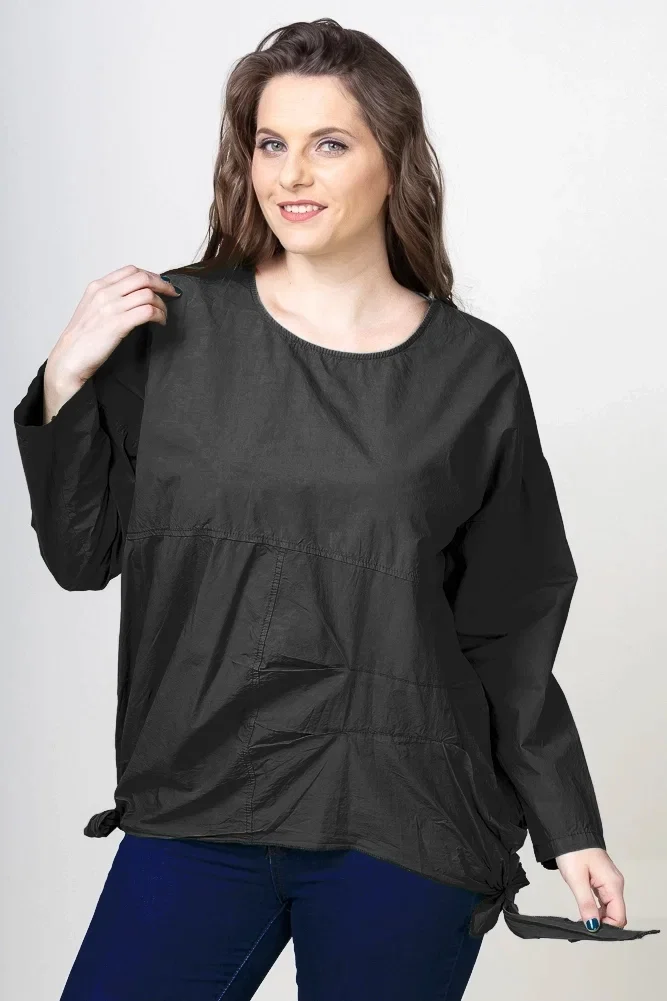 Bluza oversize din bumbac, cu maneca 1 2 si funde laterale, neagra