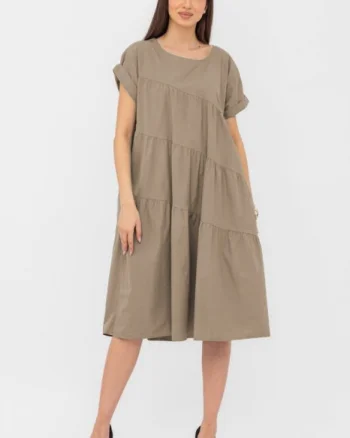Rochie din poplin satinat cu volane oblice, bej inchis
