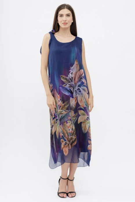 Rochie lunga A-line, cu imprimeu vegetal pe fond bleumarin