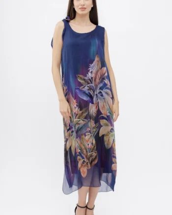 Rochie lunga A-line, cu imprimeu vegetal pe fond bleumarin
