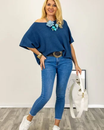 Pulover versatil cu maneca fluture din vascoza, bleumarin
