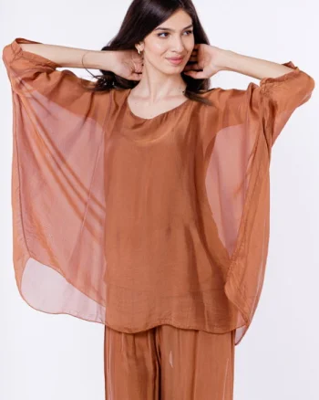 Bluza din matase si vascoza in colturi, camel