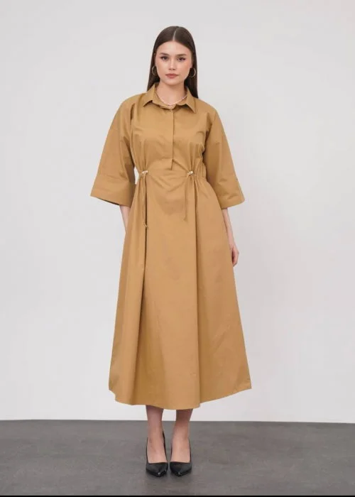 Rochie lunga tip camasa din poplin satinat de bumbac, camel