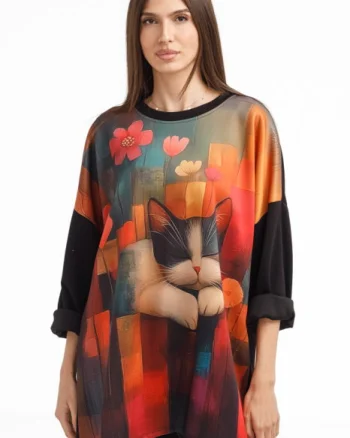 Bluza tunica oversized neagra cu pisica somnoroasa, din vascoza