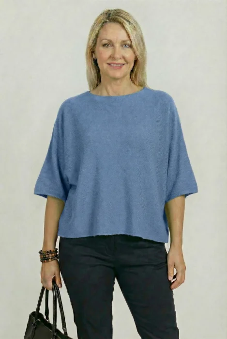 Pulover versatil cu maneca fluture din vascoza, albastru jeans