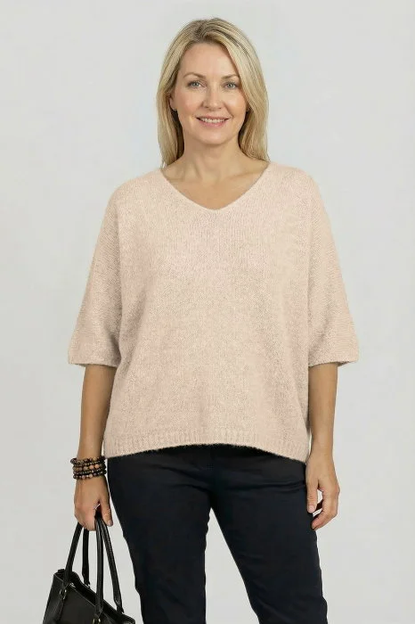 Pulover pufos cu alpaca, oversize cu maneca fluture, bej