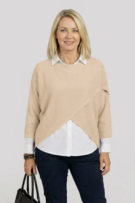 Pulover tip poncho petrecut asimetric, bej