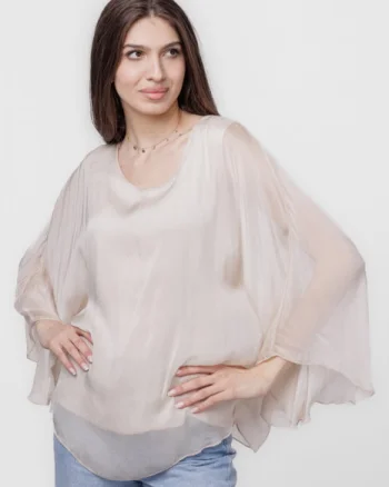 Bluza din matase si vascoza cu maneca clopot, bej