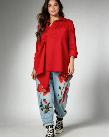 Jeans Denim Brodati cu Maci Rosii 3D ,   Piesa Statement