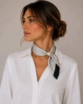 Esarfa colier satinata cu perla decorativa si inchidere magnetica, imprimeu geometric pe fond alb