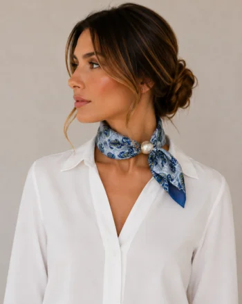 Esarfa colier satinata cu perla decorativa si inchidere magnetica, imprimeu floral alb cu albastru