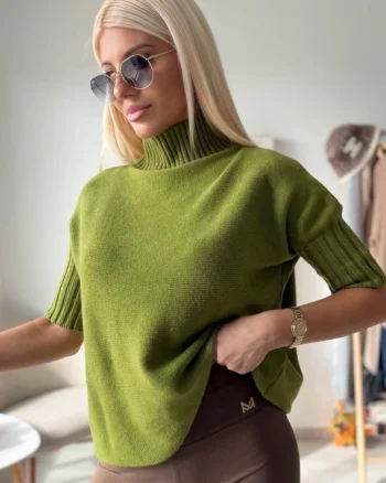 Pulover versatil cu maneci scurte ribbed si guler inalt, din vascoza, verde oliv