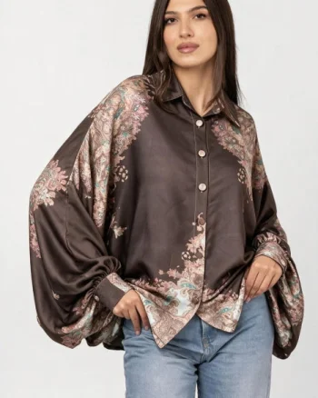 Camasa din satin oversize, cu maneci bufante si imprimeu floral bej maro