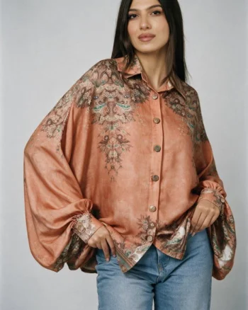 Camasa din satin oversize, cu maneci bufante si imprimeu floral, portocalie