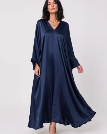 Rochie lunga tip caftan din satin cu matase si vascoza - bleumarin
