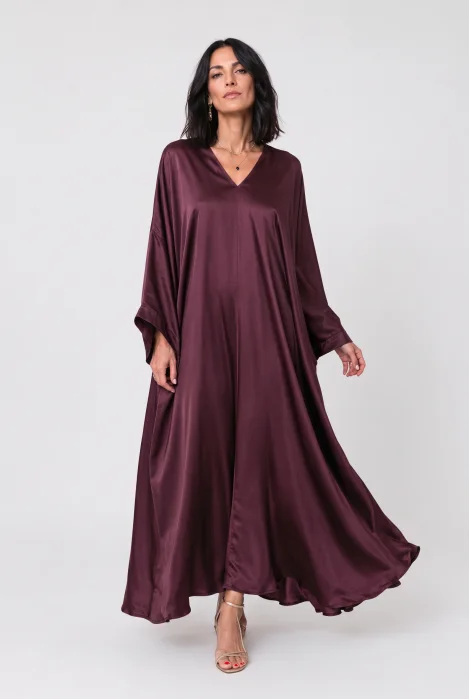 Rochie lunga tip caftan din satin cu matase si vascoza - bordo