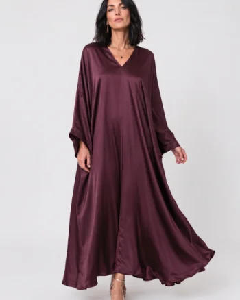 Rochie lunga tip caftan din satin cu matase si vascoza - bordo