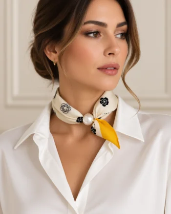 Esarfa colier satinata cu perla decorativa si inchidere magnetica, imprimeu floral cu galben pe fond ivory