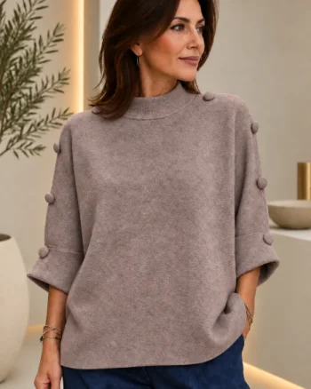 Pulover versatil cu maneca fluture si nasturi decorativi, negru