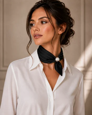 Esarfa colier satinata cu perla decorativa si inchidere magnetica, negru uni