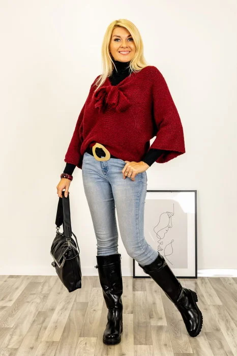 Pulover reversibil bordo, oversize cu funda si maneca fluture