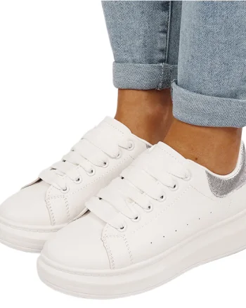 Sneakersi resigilati albi argintii cu talpa groasa M-8826 M0