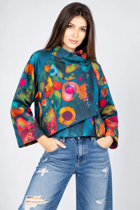 Jacheta scurta petrecuta cu imprimeu floral abstract multicolor, turcoaz