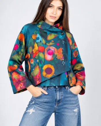 Jacheta scurta petrecuta cu imprimeu floral abstract multicolor, turcoaz