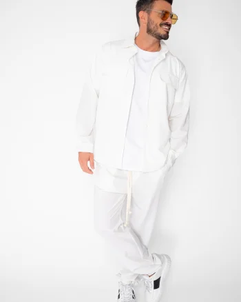 Set Denver Camasa cu buzunare si pantalon lung cu snur Premium Off White