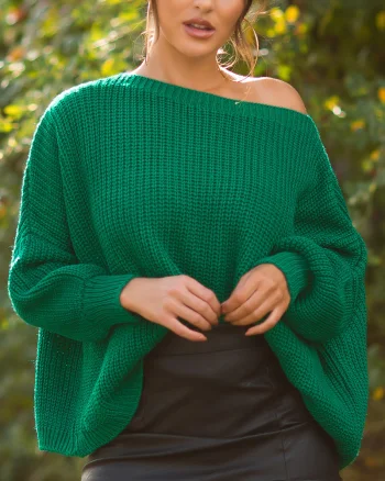 Pulover dama casual, oversize, din acril verde, Shirley