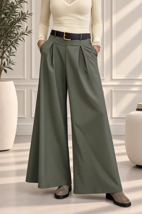 Pantaloni palazzo cu talie inalta, pense si curea inclusa, kaki