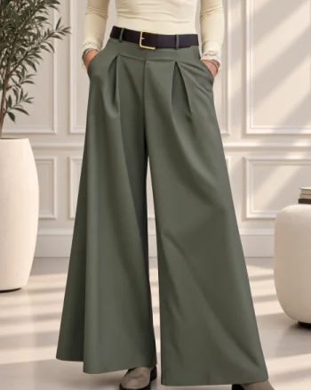 Pantaloni palazzo cu talie inalta, pense si curea inclusa, kaki